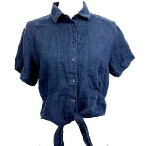 Linen Indigo Short Sleeve Blouse Cropped‎ Length Tie Front Womens Small